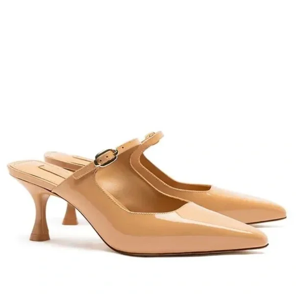 Larroude Ines Pointed Toe High Heel Patent Leather Mules in Tan Size 8 NIB - Picture 2 of 11